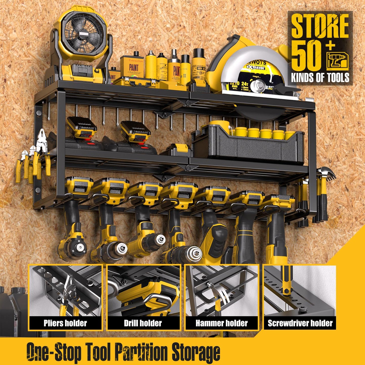 Spampur Power Tool Organizer for Tool Storage, Drill Holder Wall Mount with Charging Station, Tool Holder and Storage Rack for Garage Organization, Heavy Duty Metal Tool Shelf with Battery Holder