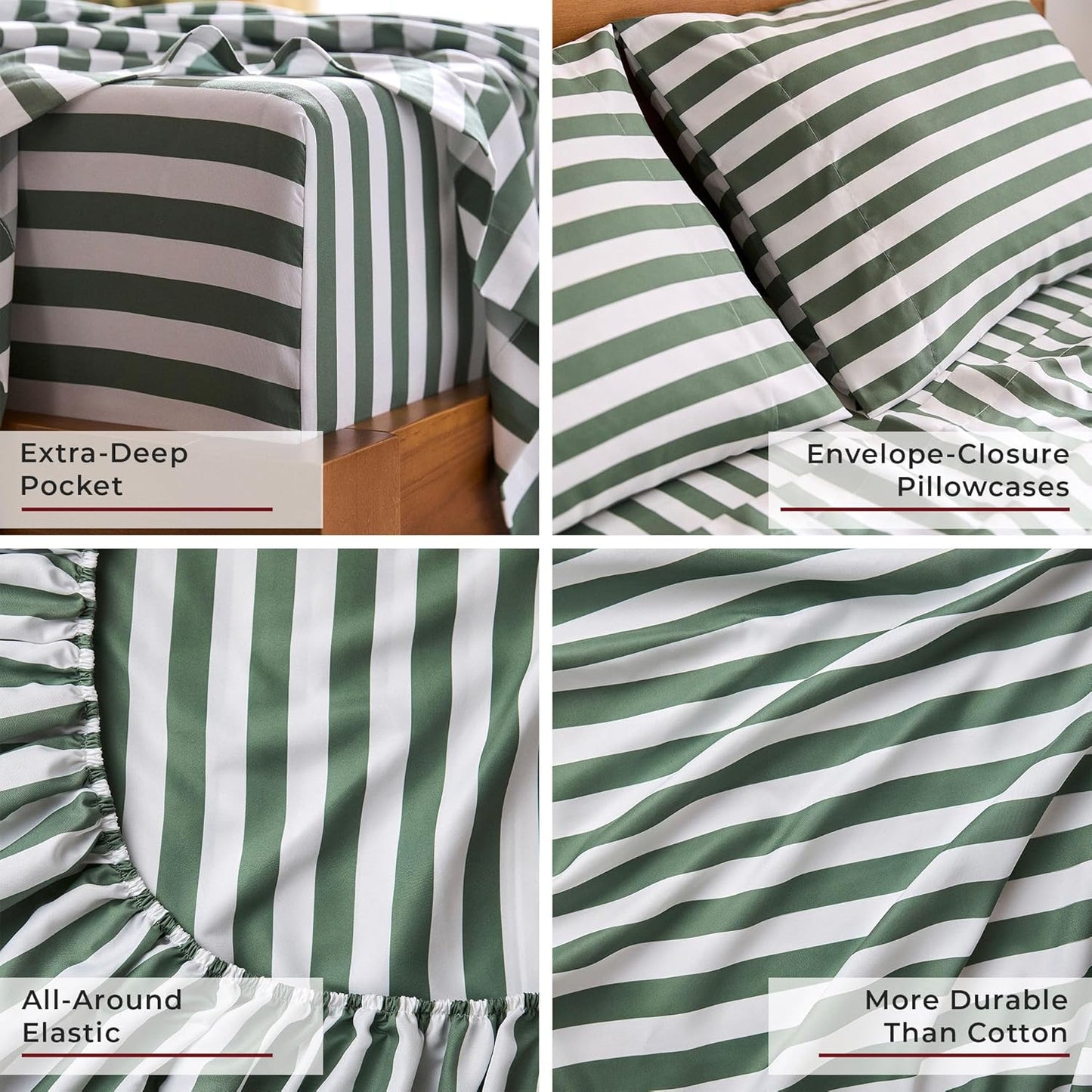 Mellanni Queen Sheets Set - 4 PC Luxury Bedding Collection - Extra Soft, Cooling, Wrinkle-Resistant (Queen, Oxford Stripe Sage)