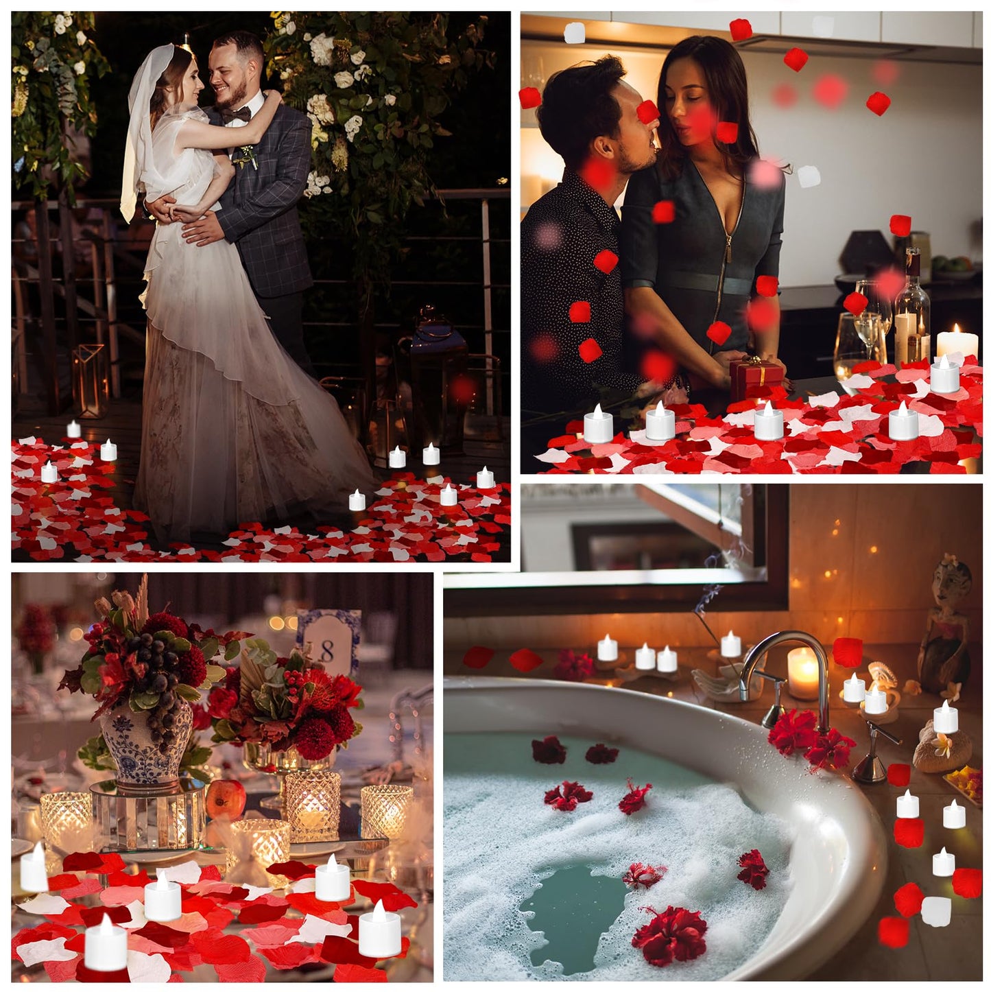 Coume 6000 Pcs Artificial Rose Petals with 72 Pcs Flameless LED Candles Romantic Decorations Fake Candles Anniversary Decorations for Valentine's Day Wedding Night(White with Red Series Petal)