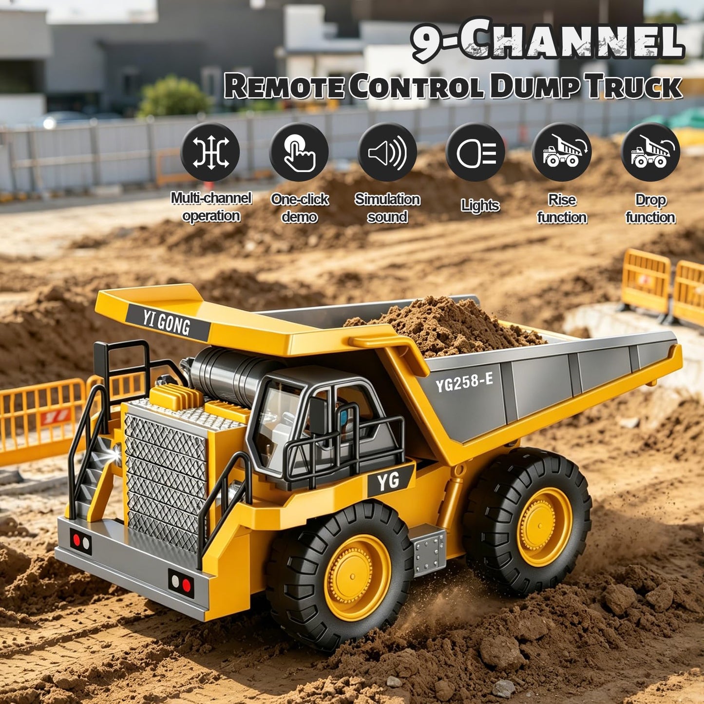 ADTHLIER Remote Control Excavator (11-Channel), Dump Truck, Bulldozer, Loader (9-Channel), 2.4GHz Remote Control Construction Vehicles, Metal Construction, with Cool Lights and Sound Effects, 4-Pcs