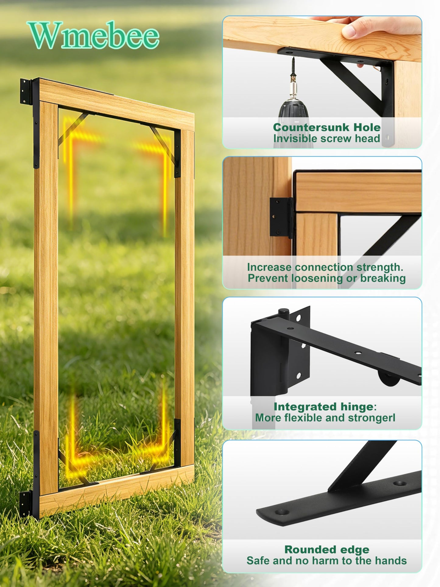 Wmebee Anti Sag Gate Kit, Fence Gate Kit Gate Hardware,Heavy Duty No Sag Anti Twist Gate Frame Corner Brace Bracket with Self-Locking Gate Latch for Wooden Fence Gate (1 Door Set)