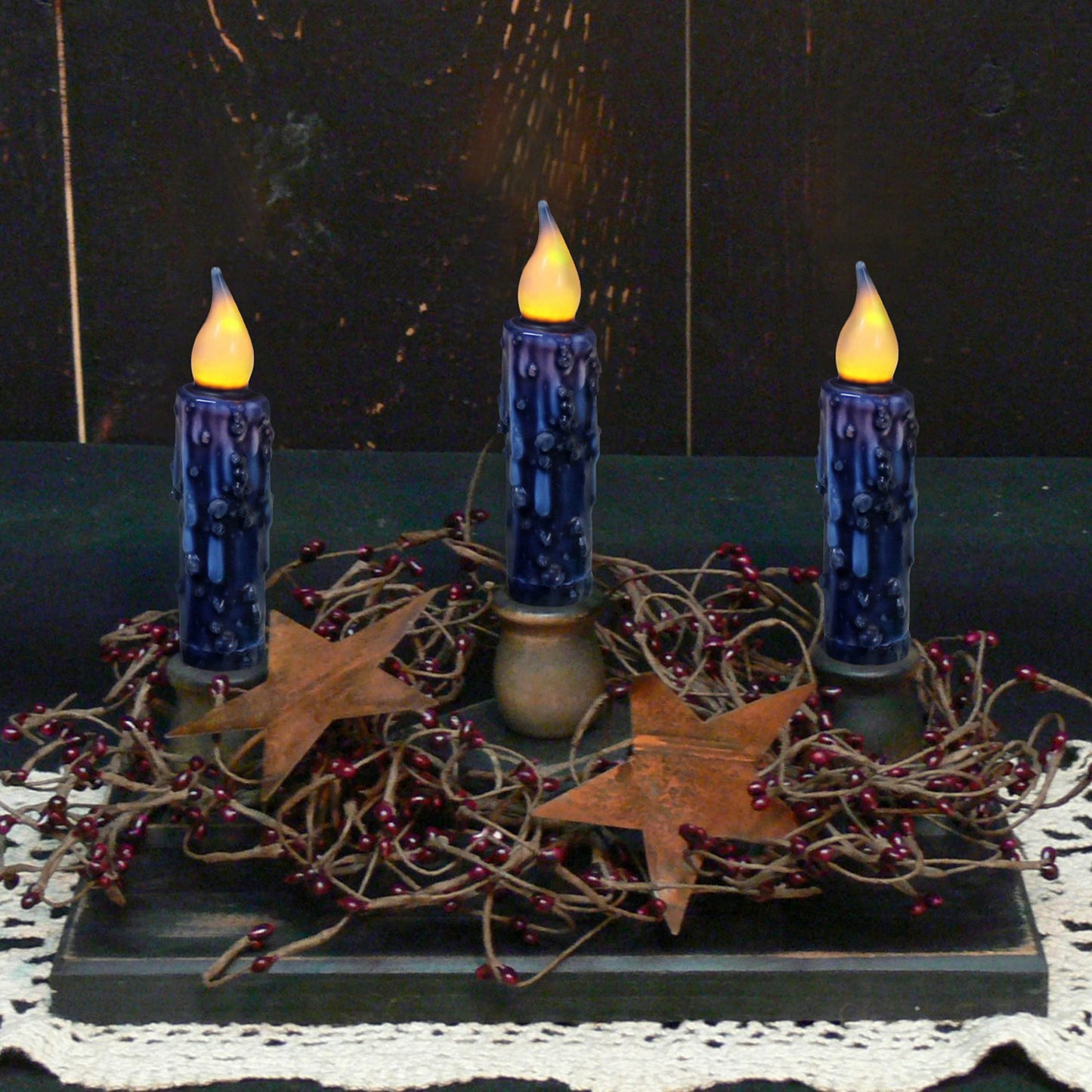 CVHOMEDECO. Real Wax Hand Dipped Battery Operated LED Timer Taper Candles Rustic Primitive Flameless Lights Decor, 4-3/4 Inch, Navy Blue, 2 PCS in a Package