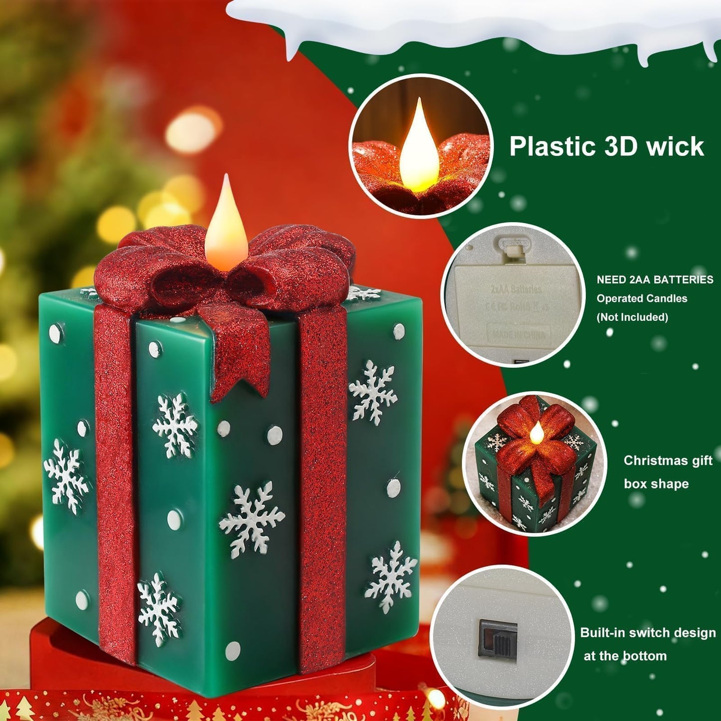 LCZLUMIPRO Elegant Gift Box Flameless Candle with Remote Timer - Green Hand-Painted Real Wax LED Candle, Battery Operated for Christmas, Home, Party Decor
