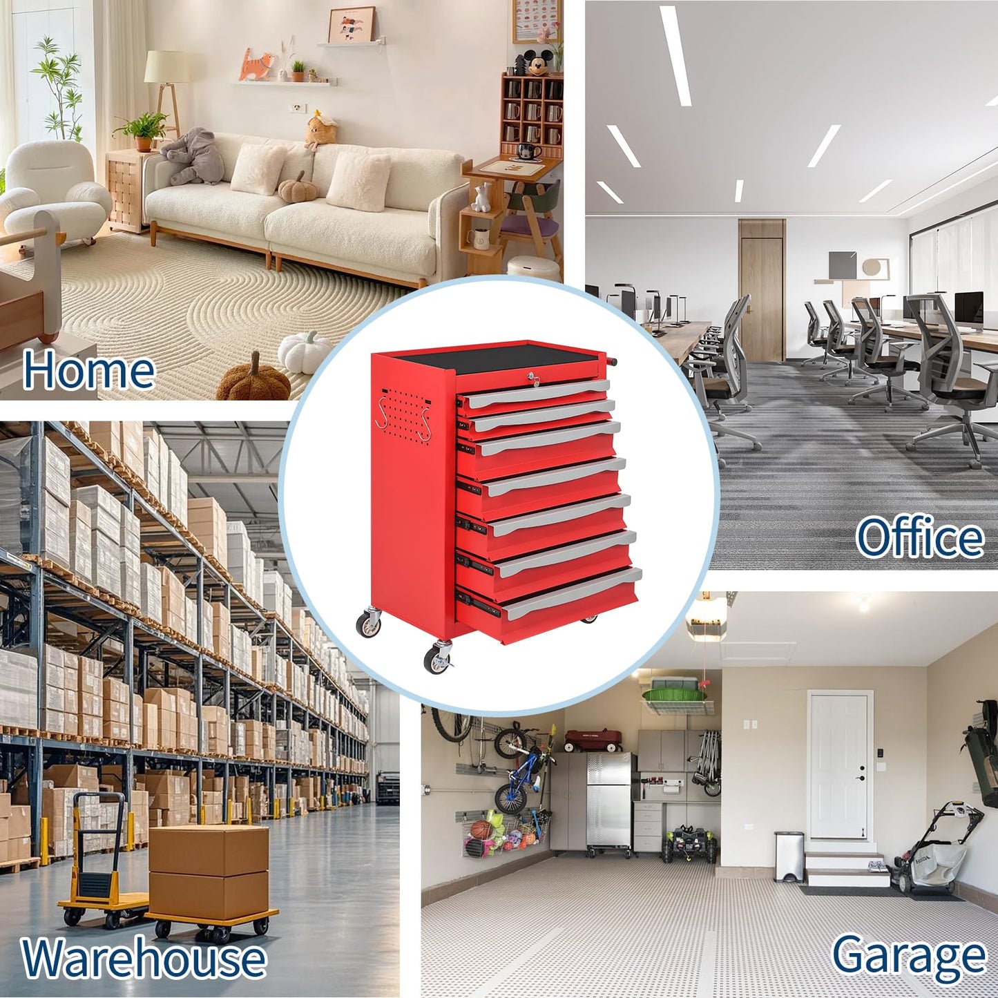 7-Drawer Tool Chest, Rolling Tool Cart with Wheels, Large Capacity Tool Storage Cabinet with Keyed Locking,Drawer Liners&Link Buckle, for Garage, Workshop, Warehouse,24.21"L * 13.78"W * 34.06"H Red