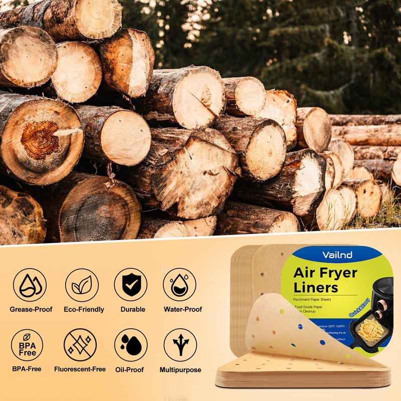Vailnd Air Fryer Liners Disposable, 100pcs 8.5In Square Parchment Paper Sheets Unbleached, Perforated Food Steamer Liner for 5-8 Qt Air Fryers Baking Cooking Oven