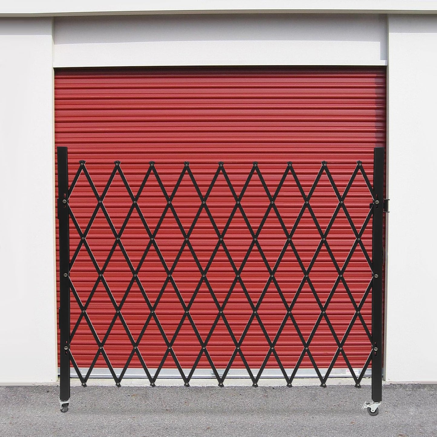 Folding Security Gate, 48" H x 71" W Black Metal Safety Gate with Diamond Grid and Padlock, Expandable Wall Mount Gate for Garage, Basement, Storefront, School and Industrial Site
