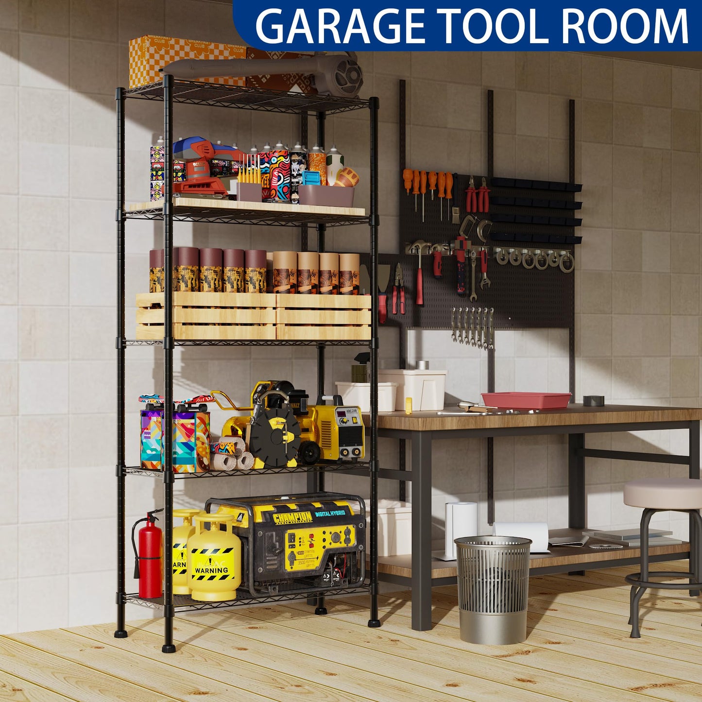 REGILLER 5-Wire Shelving Metal Storage Rack Adjustable Shelves,Standing Storage Shelf Units for Laundry Bathroom Kitchen Pantry Closet(Black,11.8" D x 16.6" W x 53.5" H)