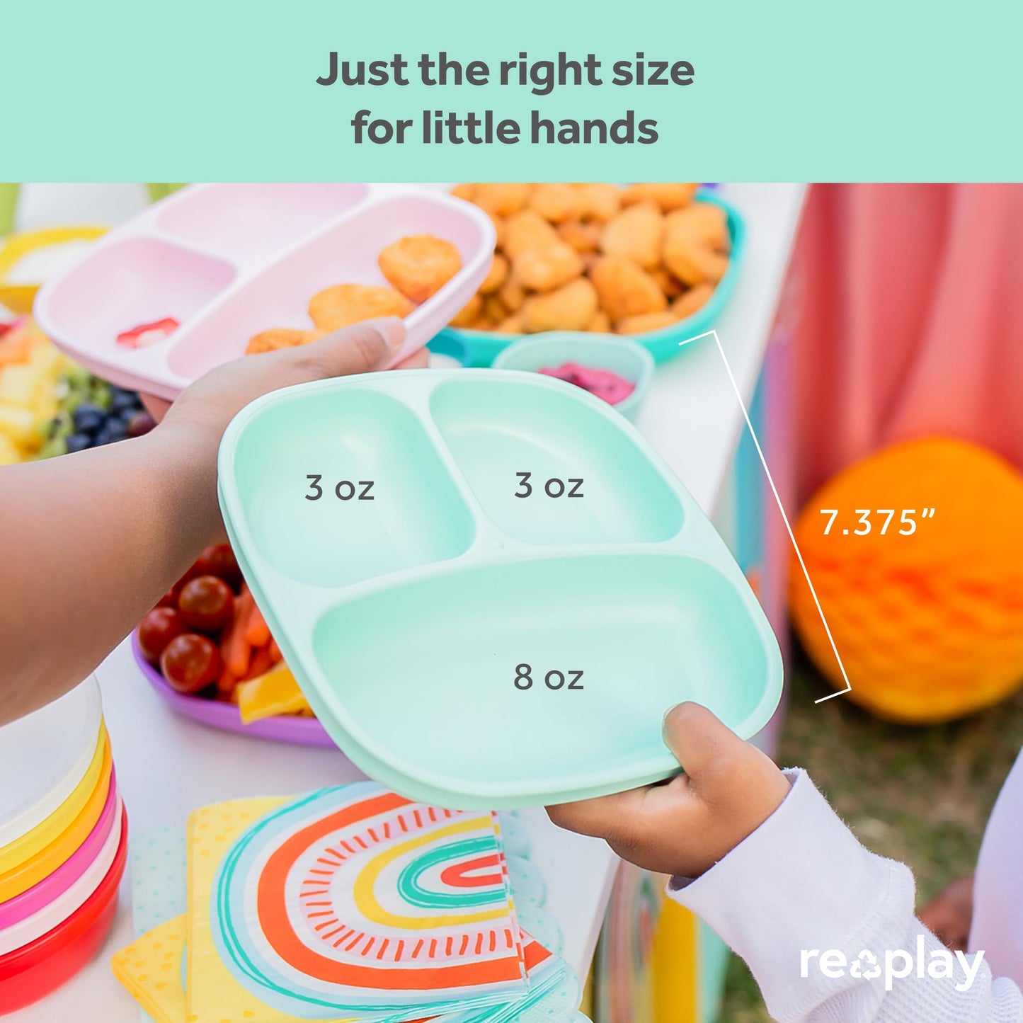 Re-Play Toddler Plates with Dividers - Deep-Walled 3 Compartments Divided Plates for Kids - Dishwasher & Microwave Safe - Made in USA - Set of 3-7.37" x 7.37" x 1.25" - Beach Baby