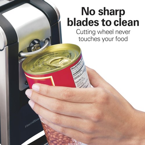 Hamilton Beach Smooth Edge Electric Automatic Can Opener for Kitchen with Easy Push Down Lever, Extra Tall, Includes Stainless Steel Scissors, Black and Chrome (76607)