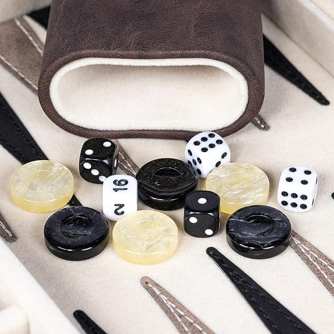 Backgammon Sets for Adults Classic Board Game with Folding Faux Leather Backgammon Case Portable Travel Backgammon Game Set (Brown)