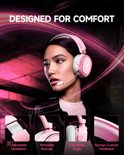 Wireless Gaming Headset, 7.1 Surround Sound, 2.4GHz USB Gaming Headphones with Bluetooth 5.4, 100H Battery, ENC Noise Canceling Mic, RGB Light, Wireless Headset for PC PS5 PS4 Mac Switch (Gray-Pink)