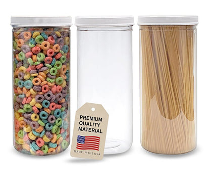 ljdeals 80 oz Tall Clear Plastic Jars with Lids, 2.5 Quart 10 Cup Cylinder Storage Containers, Wide Mouth PET Canisters, Pack of 3, BPA Free, Food Safe, Made in USA