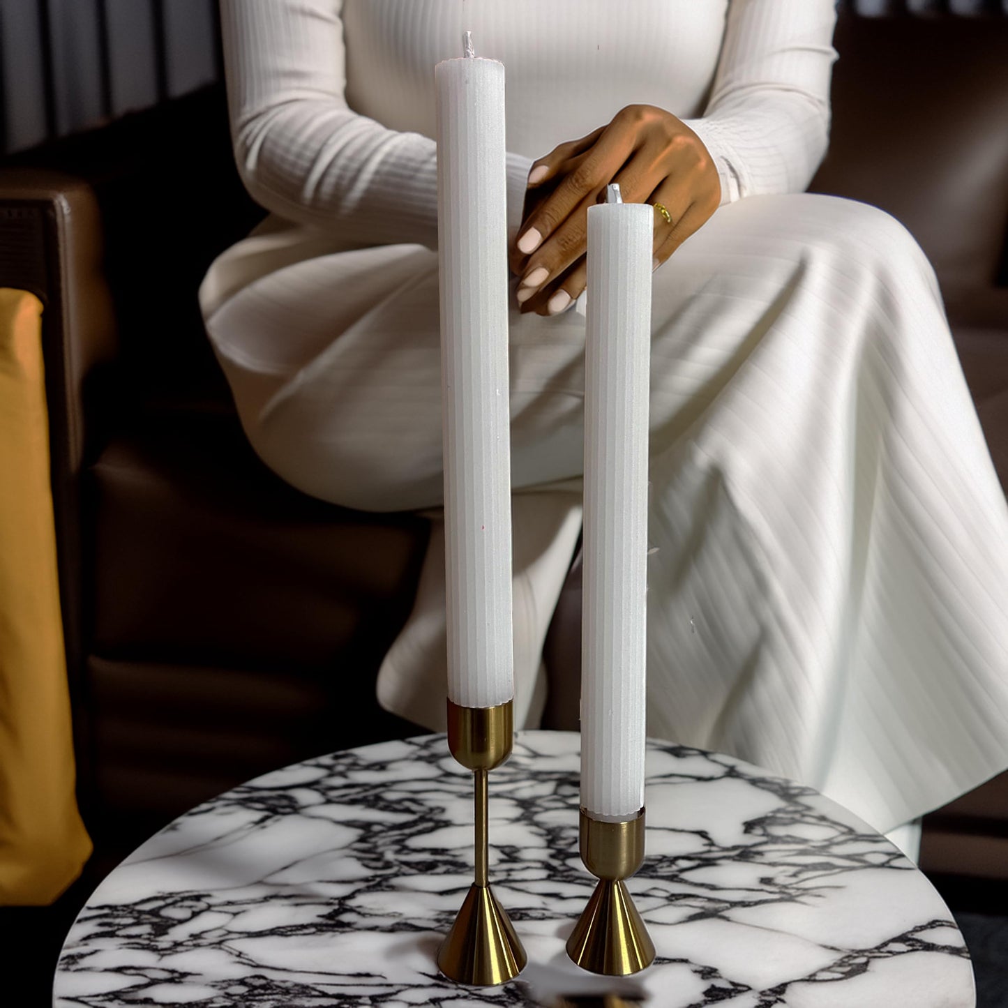 PAMELIFE 2 Pack | 10" Gold Premium Unscented Ribbed Wick Taper Candles, Tall Ribbon Wax Dinner Unscented Modern Home Décor Soy Wax Handmade 12 Hours candlesticks (White)