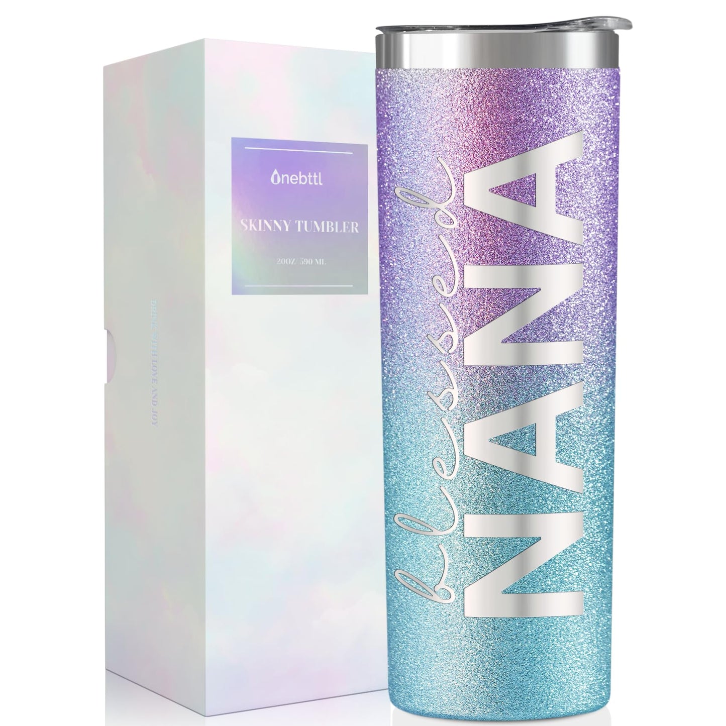 Onebttl Christian Grandma Gifts for Mother's Day, 20oz Purple & Blue Glitter Skinny Tumbler, Straw & Lid Included, Nana Gifts - Blessed Nana