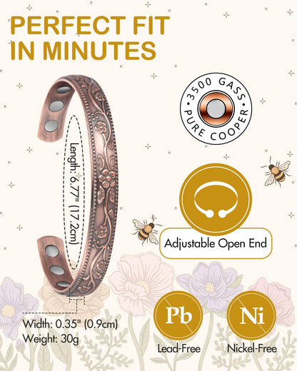 Feraco Copper Bracelet for Women, 11X Ultra Strength Magnetic Bracelets, 99.99% Pure Copper Cuff Bangle with 3500 Gauss Neodymium Magnets, Adjustable, Vintage Flower Collection (Set of 2)