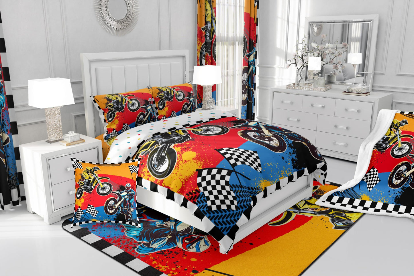 Feelyou Boys Dirt Bike Comforter Set Twin,Motocross Rider Bedding Set,Black White Buffalo Plaid Duvet,Cool Sport Car Quilted Comforter Motorcycle Bedding for Kids Teens Bedroom Decor