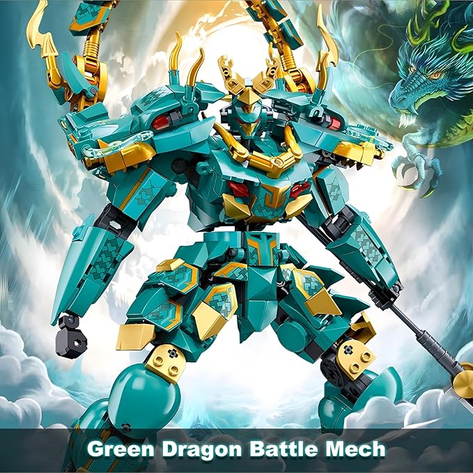 HIGH GODO Mech Robot Building Blocks Set for Adults Cool Green Dragon Warrior Model Kit with Long Spear Toy Playset 704 Pieces Collectible Mythical Ninja Gifts for Teens Ages 14+