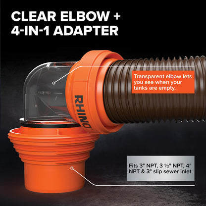 Camco RhinoFLEX 15-Ft RV Sewer Hose Kit - Features Clear Elbow Fitting w/Removable 4-in-1 Adapter - Connects to 3” Slip or 3”/3.5”/4” NPT Threaded Sewer Connection (39770)