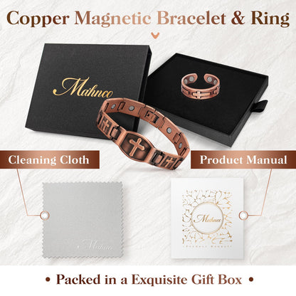 Mahnco Copper Bracelet for Men Ultra Strength Magnets Cross Bracelets for Men Pure Copper Magnetic Bracelet & Ring, Jewelry Gift with Sizing Tool