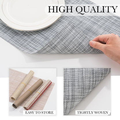 BACKTOEDEN Placemats Set of 6 Heat Resistant Washable Wipeable Placemat Woven Non-Slip Foldable Vinyl/Plastic Place Mats Indoor/Outdoor Mat Kitchen Dining Table Pad, Gray