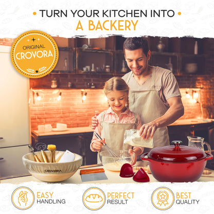 Crovora 6 QT Enameled Cast Iron Dutch Oven for Bread Baking with Lid - Incl. Sourdough Bread Baking Supplies like Banneton Bread Proofing Basket, Cast Iron Bread Oven, Bread Pan, bread making tools