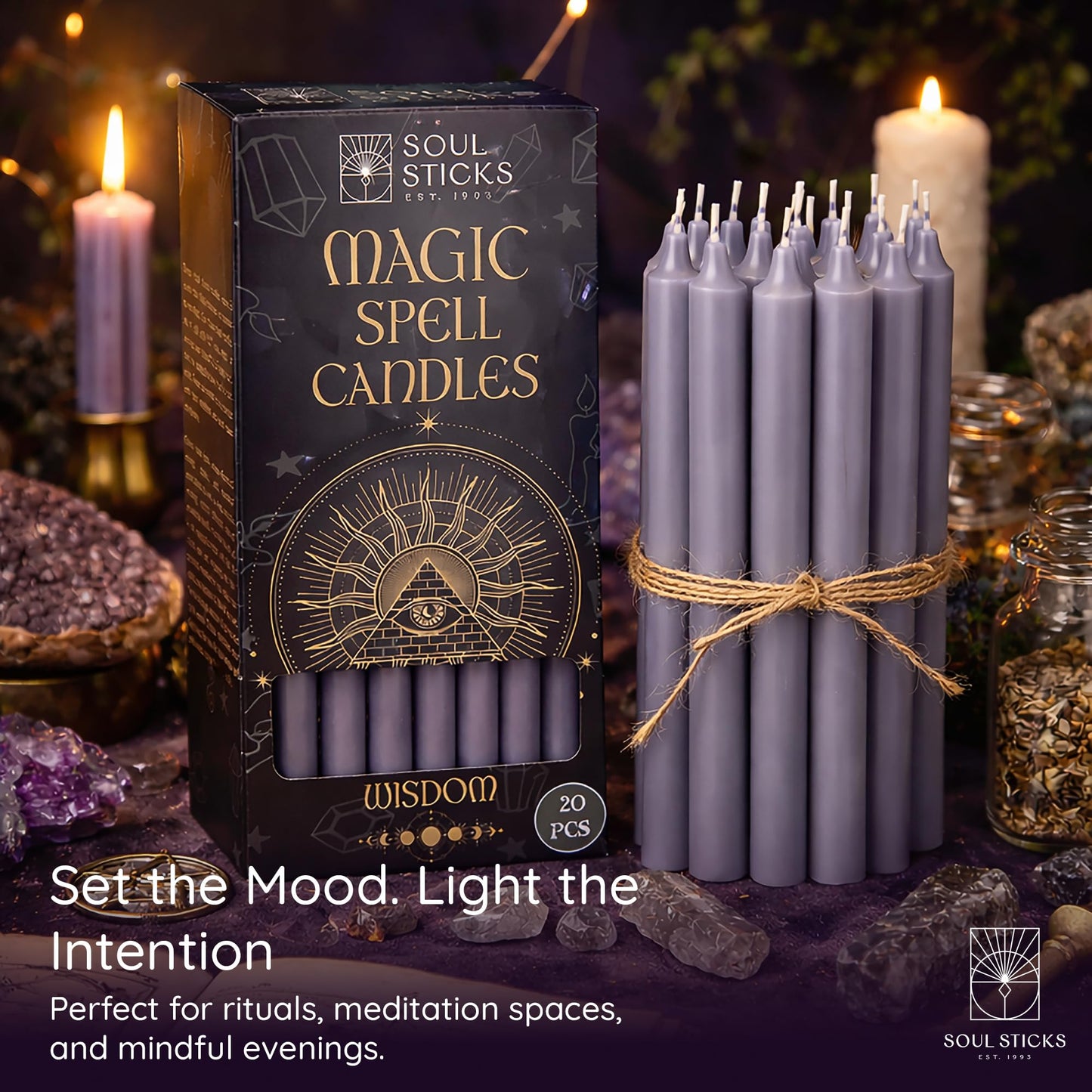 SOUL STICKS Wisdom Magic Spell Chime Taper Candles 20 Pack - Ideal for Altar, Rituals, Ceremonies, Meditation Grey Tapered Candle for Witchcraft Supplies, Wiccan Supplies, Candles Clearance