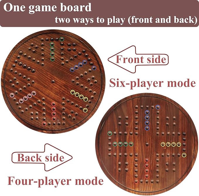 HOROW Wahoo Board Game - 20 Inch Solid Wood Board with 24 Natural Gemstone Marbles &amp 6 DiceDouble-Sided for 4 and 6 Players - Perfect for Family Game Nights and Parties（Deluxe Edition）