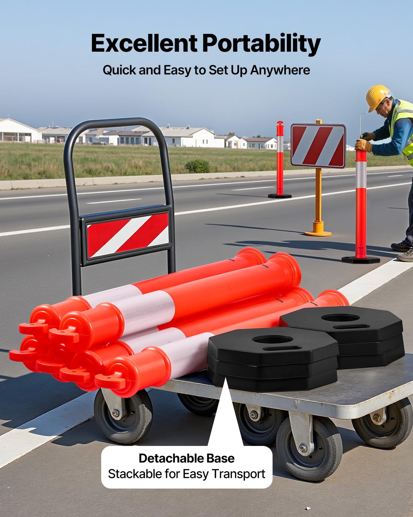 VEVOR 6 Pack Traffic Delineator Posts, 45 inches Traffic Safety Cones with Weighted Base and Reflective Strips, Heavy Duty Delineator Posts for Construction Site, Parking Lot, Crowd Control, Red
