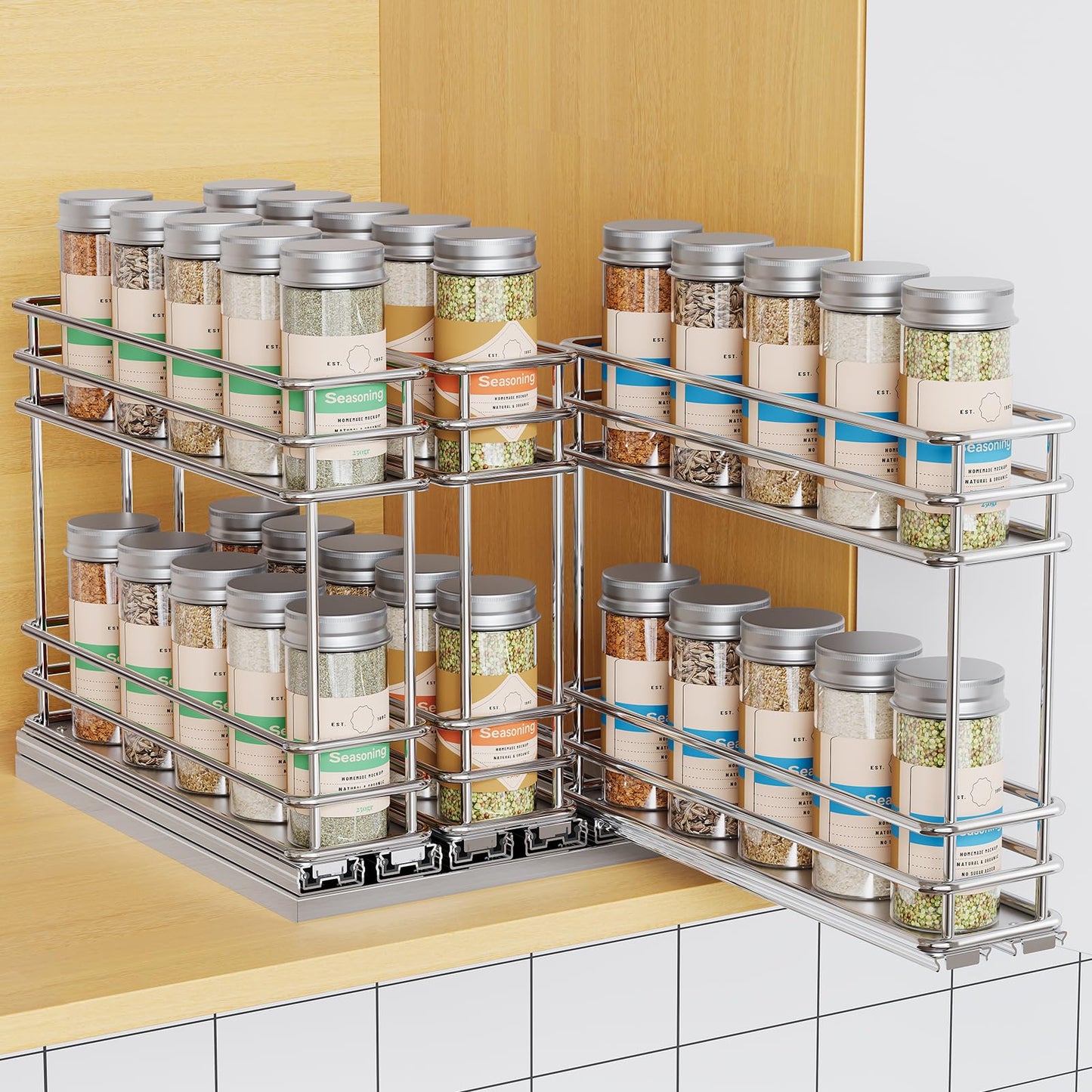 Pull Out Spice Rack Organizer for Cabinet, Slide Out Spice Racks, Easy to Install, 2.1''Wx10.35''Dx8.26''H, 3 Drawers 2 Tiers(Black)