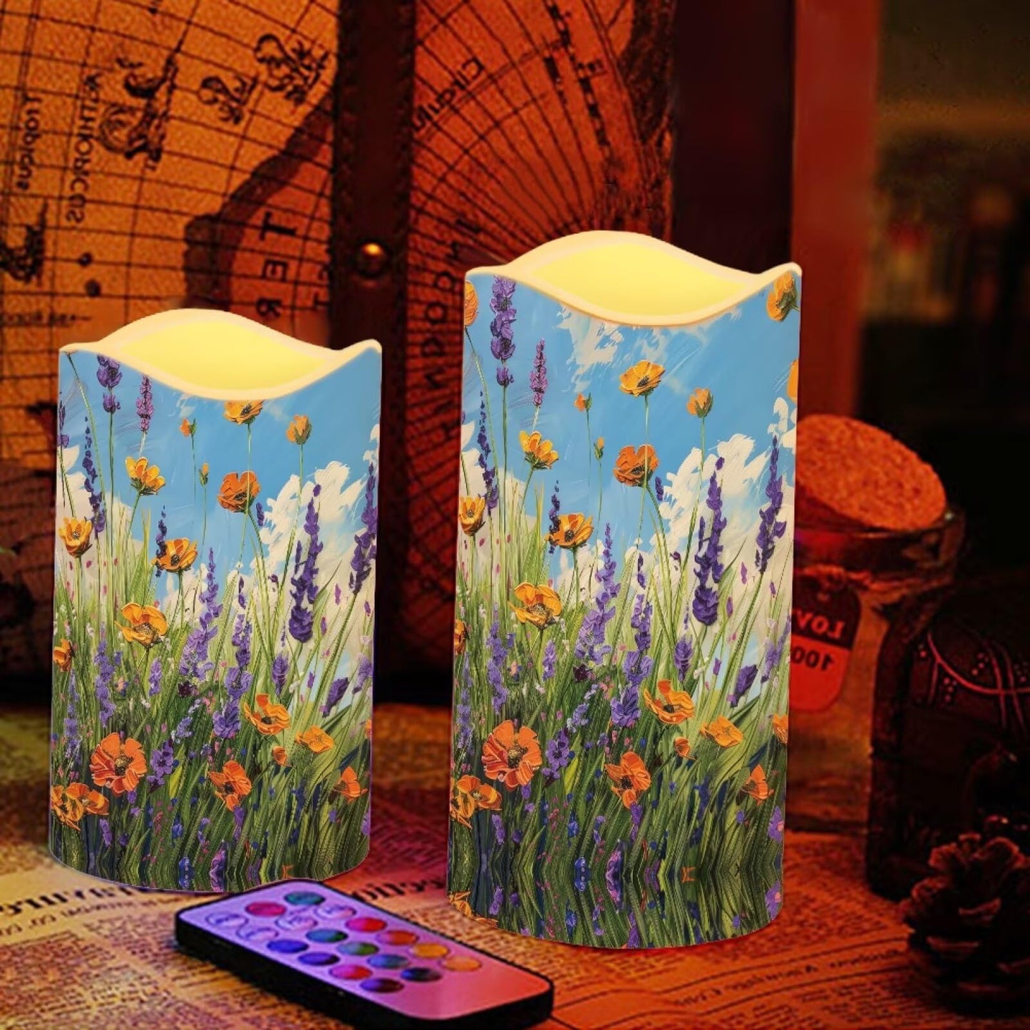 Cozeyat Meadow Floral Flameless Candles 4 Pack Battery Operated LED Pillar Candles with Remote Control Timer Color Changing for Wedding Birthday Home