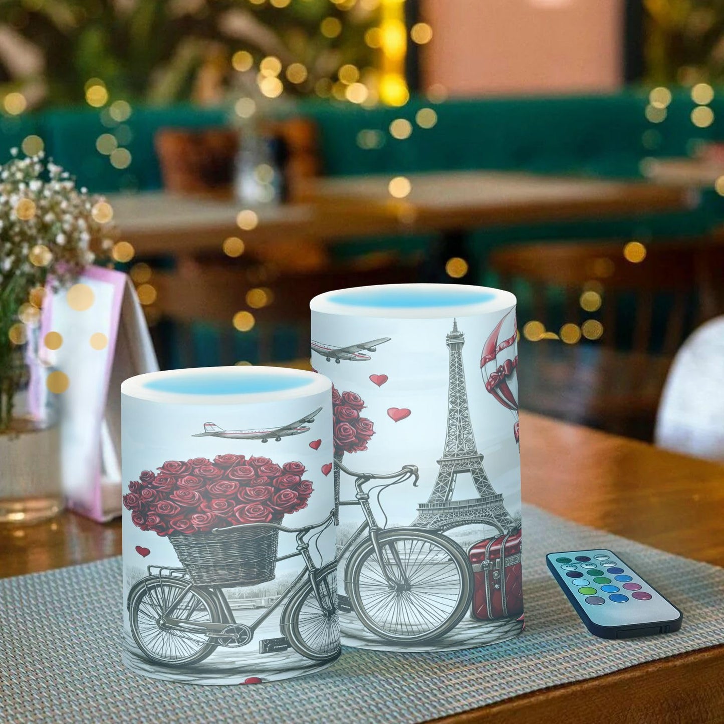 ALAZA Hot Air Balloon Paris Tower Rose Flickering Flameless Candles Battery Operated with Remote Timer,Tea Light Candles LED Pillar Votive Candles Set of 2 for Outdoor Indoor Decorations