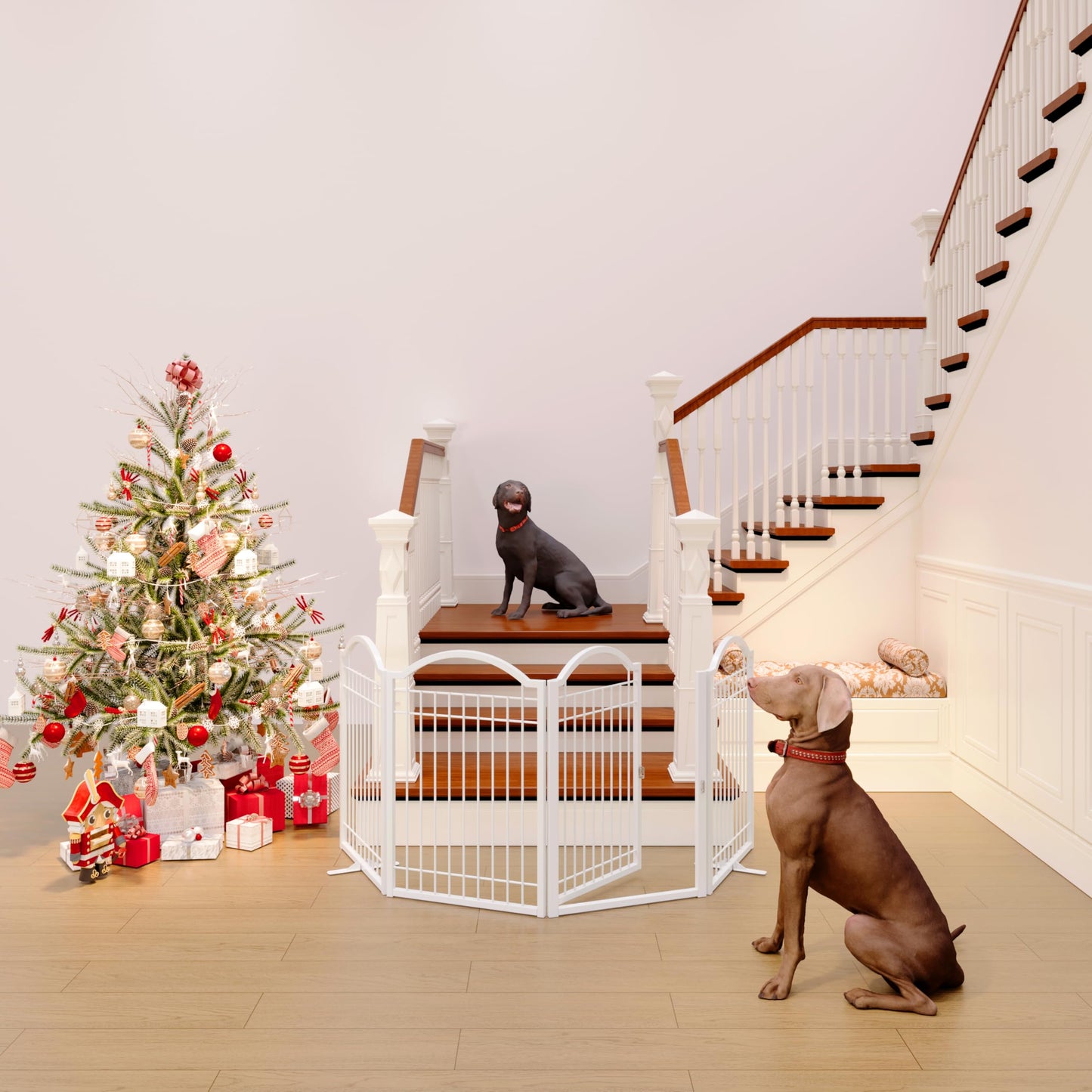 BHG Metal No-Assembly Freestanding Dog Gate with Door Walk Through, Extra Wide 96", Extra Tall 32" Pet Gate, Accordion Puppy Folding Playpen Dog Fence, with 2PCS Support (White, 4 Panels)