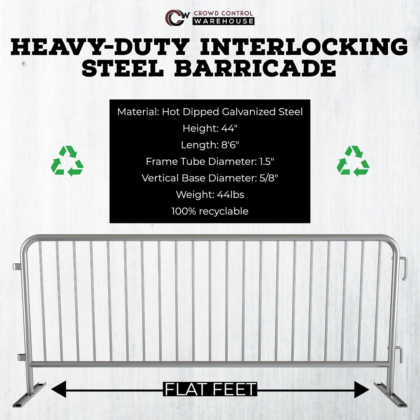 Angry Bull Barricades Metal Interlocking Steel Barricade (8.5 Ft. Heavy Duty, Flat Feet, Grey Powder Coated, Set of 10)