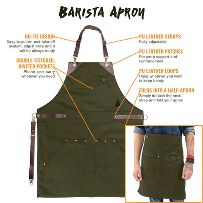 Under NY Sky Barista Apron - Brown Leather Straps and Reinforcement - Riveted Pockets - Double Stiched - Leather Ring Loop - Professional Green Twill - Double as Half Bistro Apron - Chefs, Bartender