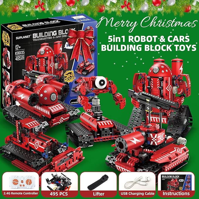 STEM Robot Toys for Kids Ages 8-14 5-in-1 Remote Control and APP Programmable Robot Toys - 495 Pcs DIY Building Science Educational Kit Building Block Birthday Present for Teen Boys Girls