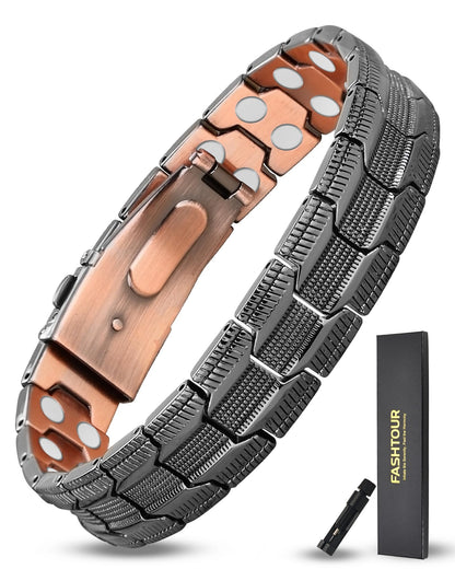 Fashtour Copper Bracelet for Men, 2X Strength 99.99% Pure Copper Magnetic Bracelet with Magnets, Butterfly Clasp Design, Adjustable Length with Sizing Tool (Black)