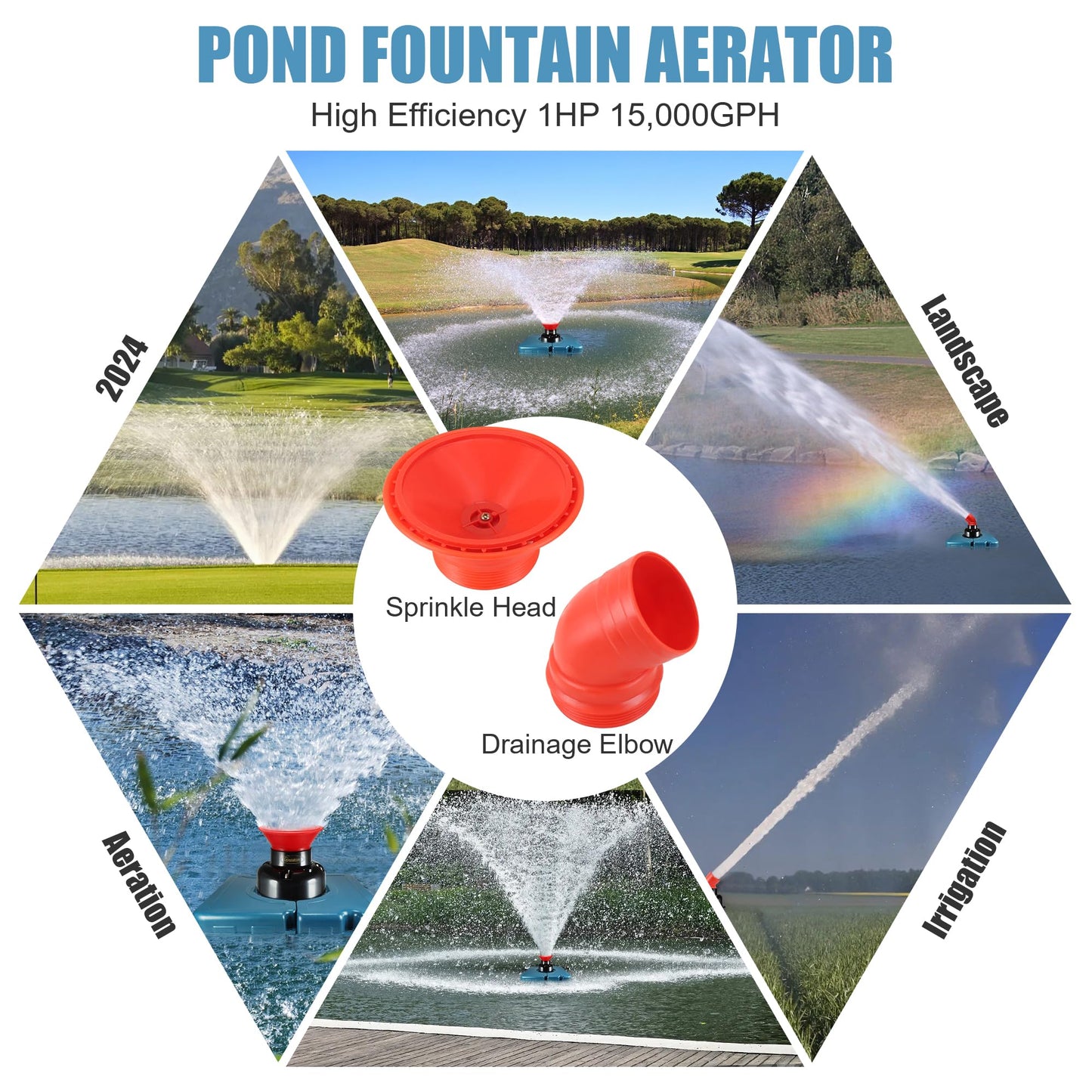 Goldlife Pond Fountain Aerator, F2-2 1HP 750W 110V Stainless Steel Floating Fountain With 100 Feet Power Cord, Timer, Aerating Fountain Pond Cascade Pump for Small Large Ponds Lake Jet System