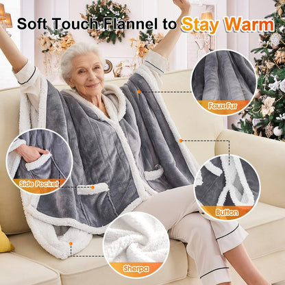 Wearable Heated Throw Blanket Electric Shawl ,Christmas Birthday Gifts for Grandma,Gift for Mom and Elderly Women,Heated Robe Poncho Blanket Hoodie for Adult, 5-Position Timer 10-Heating Levels,Grey