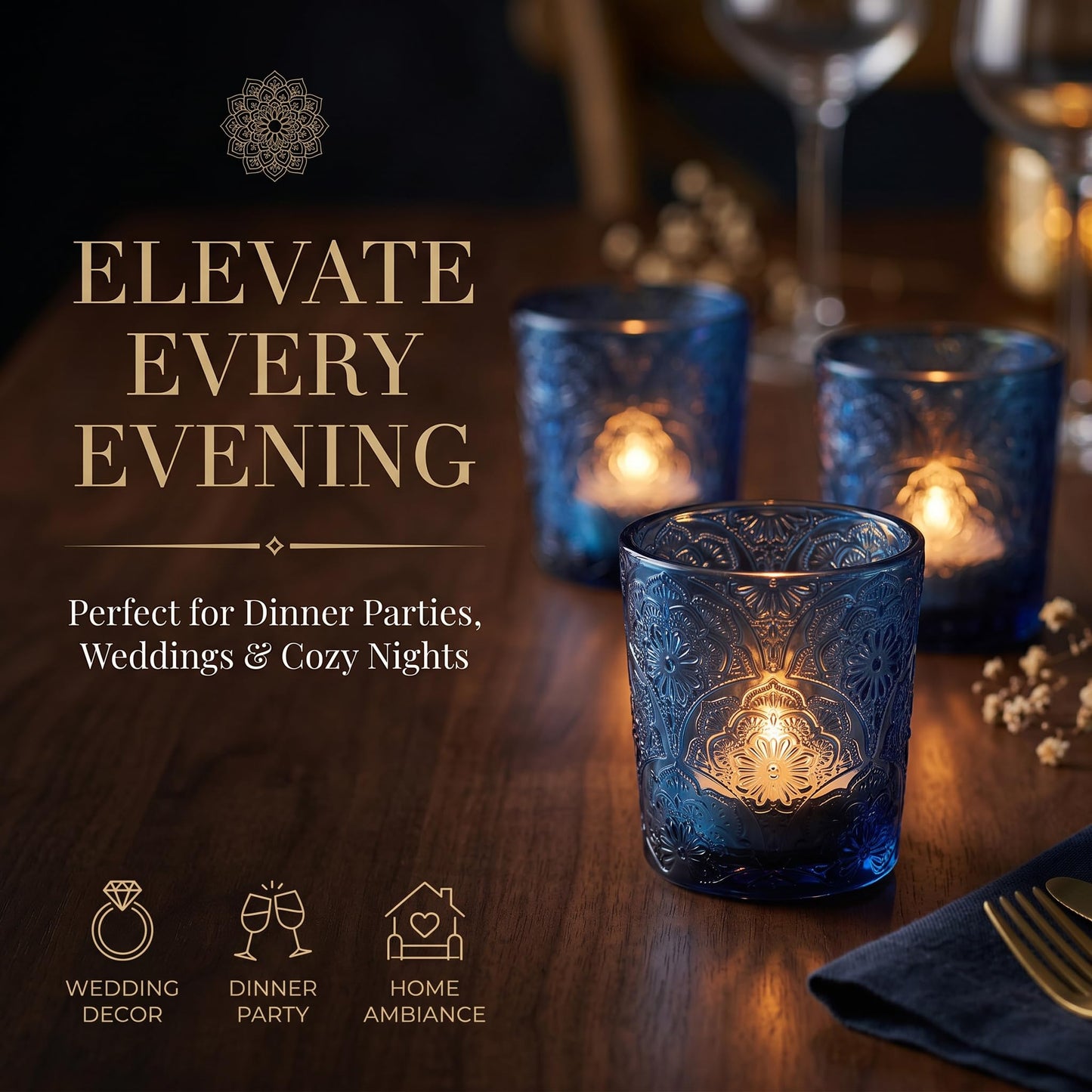6 Pack Mandala Embossed Glass Candle Holders – Votive Tealight Holders with Patent Design, Decorative Embossed Glass Cups for Wedding Centerpieces, Parties, and Home Décor (Ocean Blue)