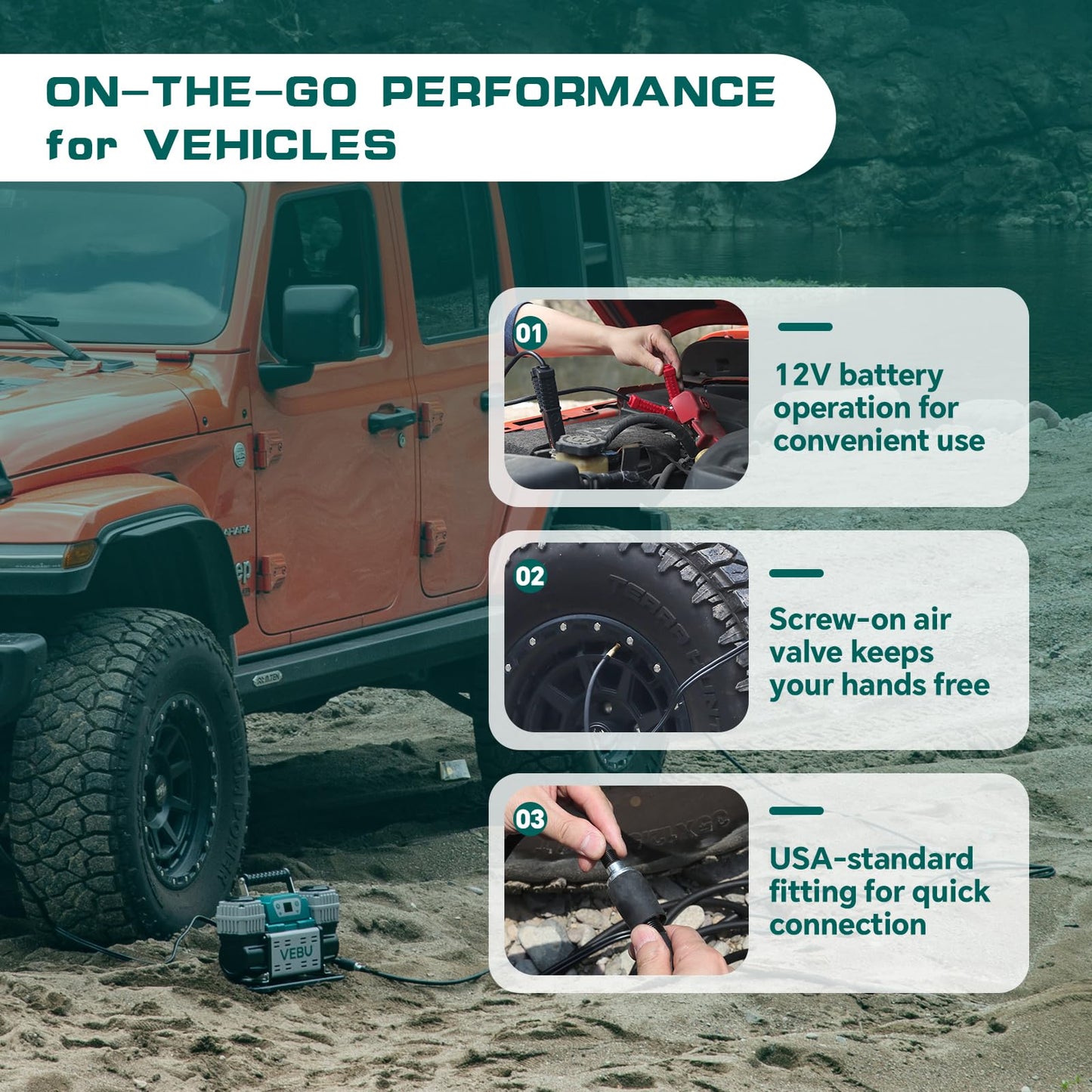 VEBU ‌Off-road Air Compressor 12V Tire Inflator, 150PSI with Auto Shut Off, Digital Display & Preset, 10.6CFM Fast Inflation for Off-road Vehicles, Trucks, SUVs, RVs, ATVs