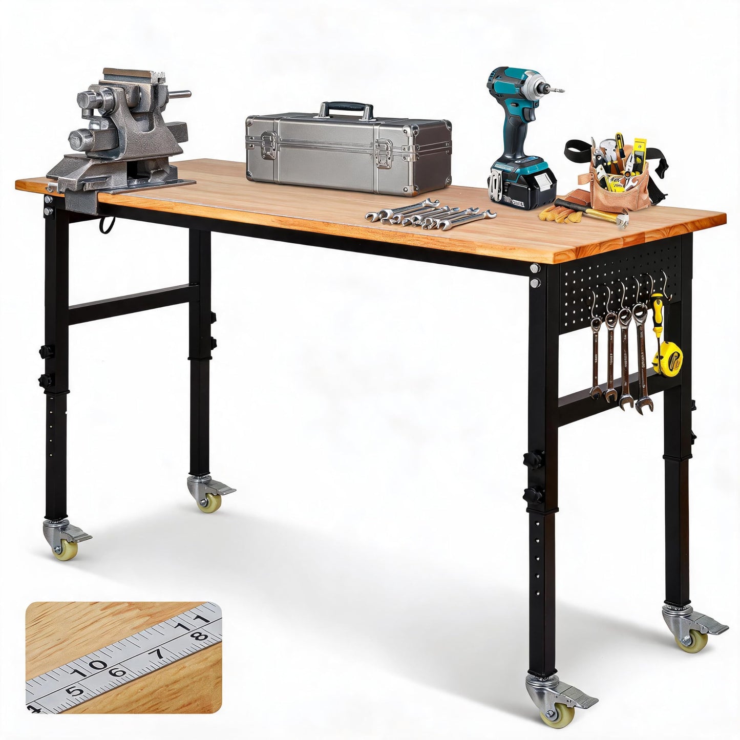 48" Adjustable Workbench, 8-Level Height Adjustable Rolling Work Table with Casters & Scale, Sit & Stand 2-in-1 Garage Tool Table with Pegboard & Hooks, for Workshop, Warehouse, DIY Projects