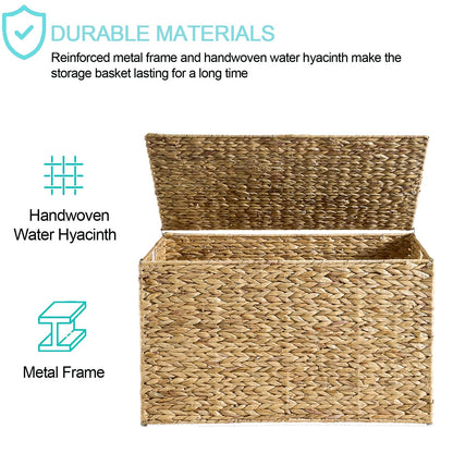 MOORLITER Water Hyacinth Storage Basket with Lid, 42.3 Gallon (160L) Wicker Storage Trunk with Handles, Handwoven Wicker Storage Bin for Blanket, Foldable, for Living Room, Laundry Room, Natural