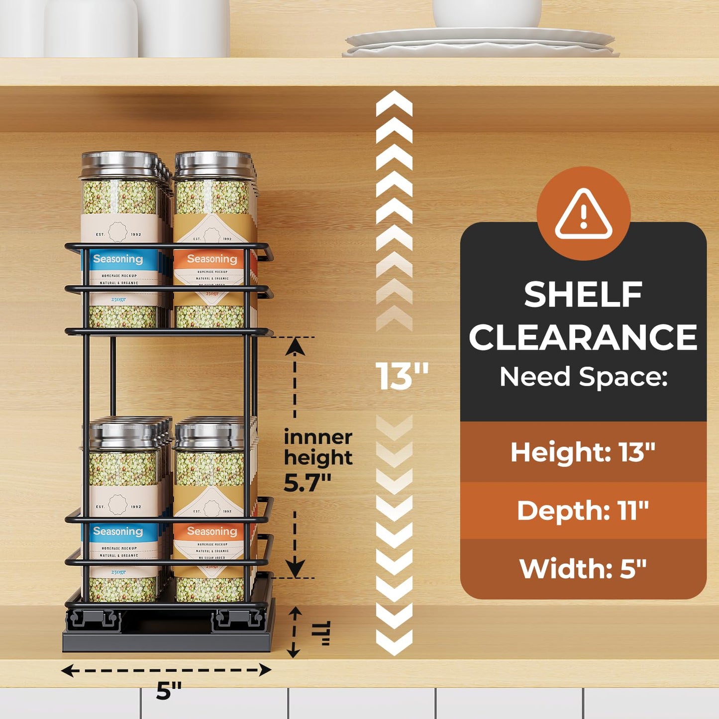 Pull Out Spice Rack Organizer for Cabinet, Slide Out Spice Racks, Easy to Install, 2.1''Wx10.35''Dx8.26''H, 3 Drawers 2 Tiers(Black)
