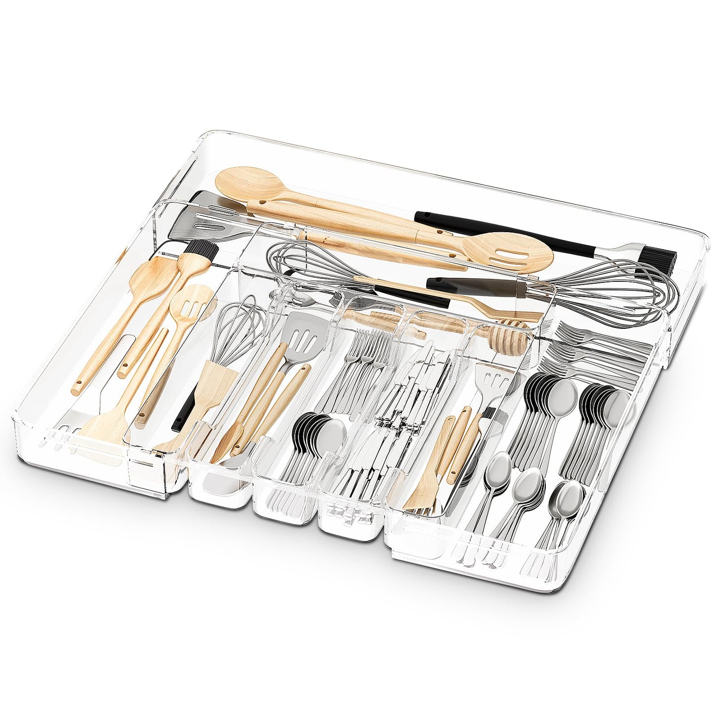 Acina Silverware Organizer for Kitchen Drawers: Expandable Cooking Utensil Tray - Adjustable Cutlery Flatware Holder - Spatula Tools Gadgets Storage Divider Clear (Expandable Tray with 9-Drawers)