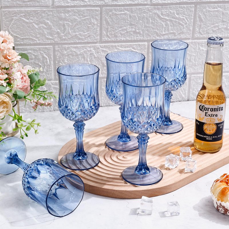 Dualshine 12 Pcs Blue Plastic Wine Glasses, Blue Transparent Plastic Goblets for Wedding Reception, Drinking Glasses for Parties, Valentine's Day, Birthdays