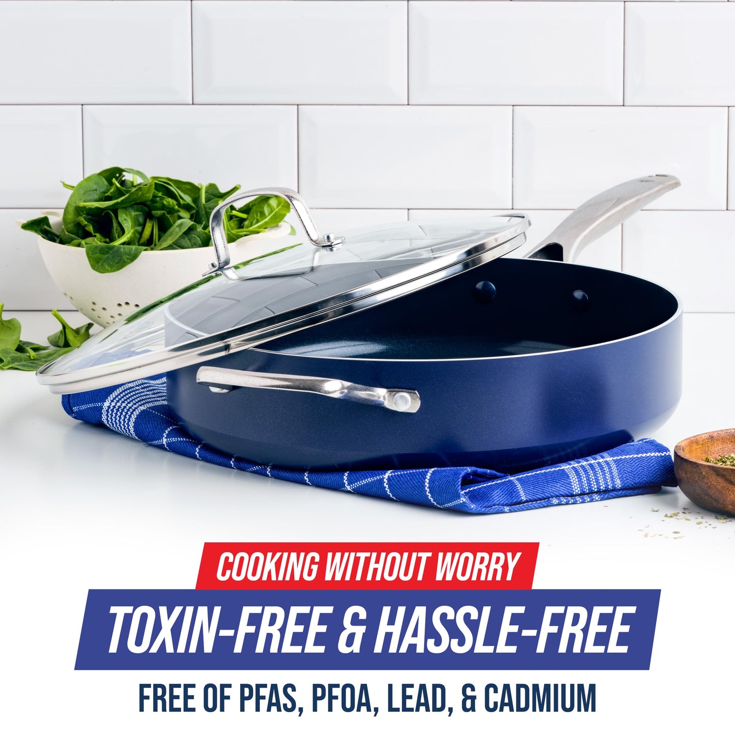 Blue Diamond 5QT Saute Pan with Lid, Non Toxic PFAS-Free Diamond Ceramic Nonstick, Dishwasher & Oven Safe, Metal Utensil Safe, Deep Jumbo Cooker Skillet with Helper Handle, Glass Lid, Blue