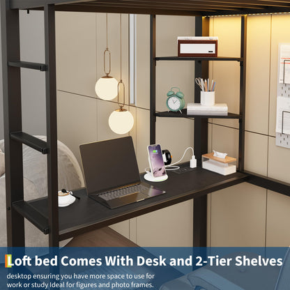 Twin Size Loft Bed with Desk, 4 Large Fabric Drawers and Open Shelves, Heavy Duty Metal Loft Bed with LED Lights, Power Outlets, Safety Guardrails & Ladder, Space Saving, No Box Spring Needed, Black