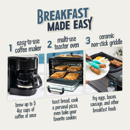 Nostalgia 3-in-1 Breakfast Station - Includes Coffee Maker, Non-Stick Griddle, and 4-Slice Toaster Oven - Versatile Breakfast Maker with Timer - Aqua