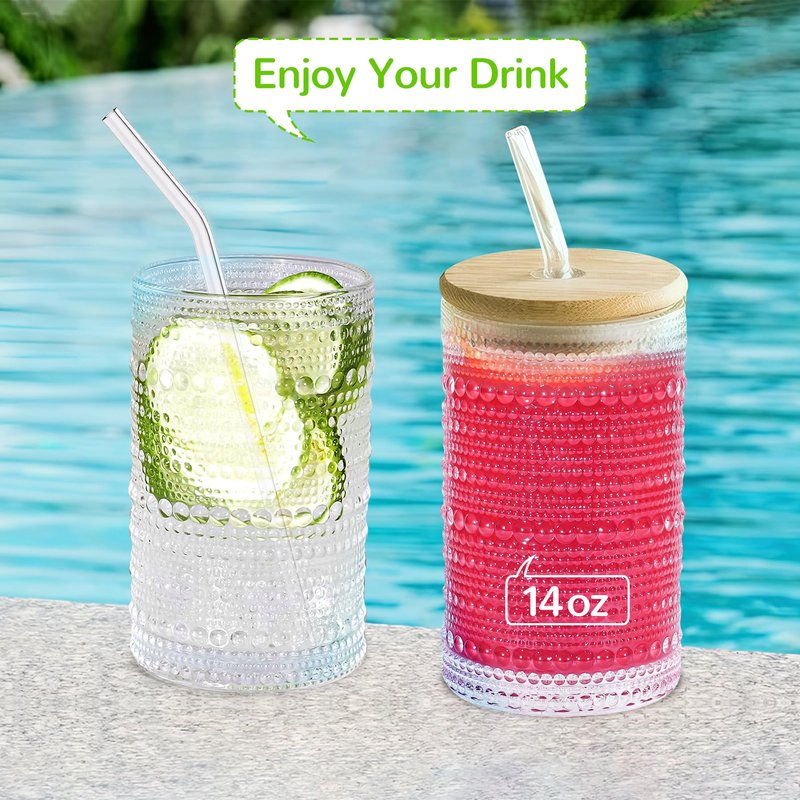 Hobnail Drinking Glasses with Bamboo Lids and Glass Straw 4Pcs Set - 14oz Vintage Glass Cups, Water Glasses, Iced Coffee Glasses, Cute Tumbler Cup, Ideal for Cocktail, Whiskey, Gift - Cleaning Brushes