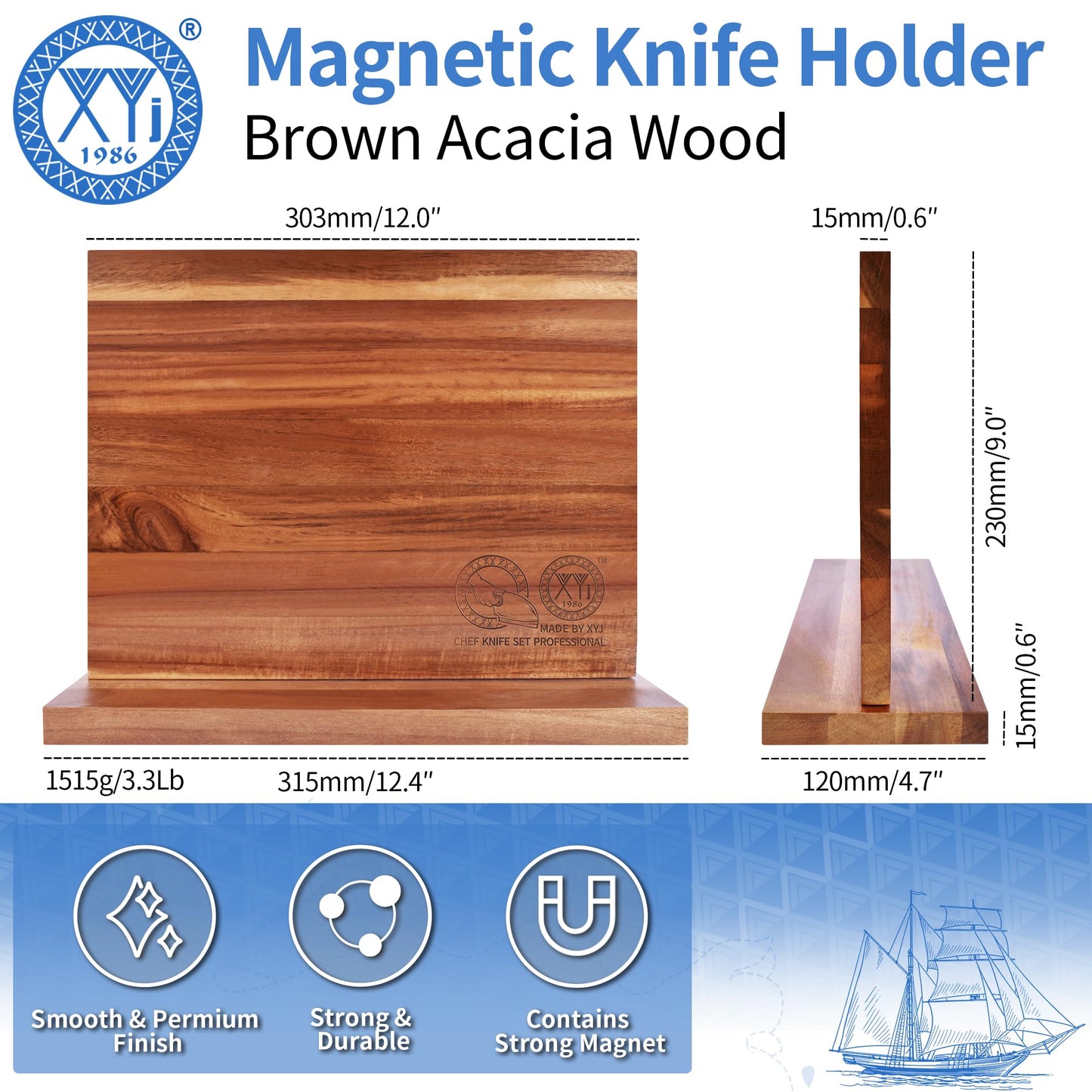 XYJ Authentic Since 1986, Magnetic Knife Block, Double Side Kitchen Knife Stand, Acacia Wood, Magnetic Knife Holder with Strong Enhanced Magnets,Knives Storage Rack Stand for Home Kitchen